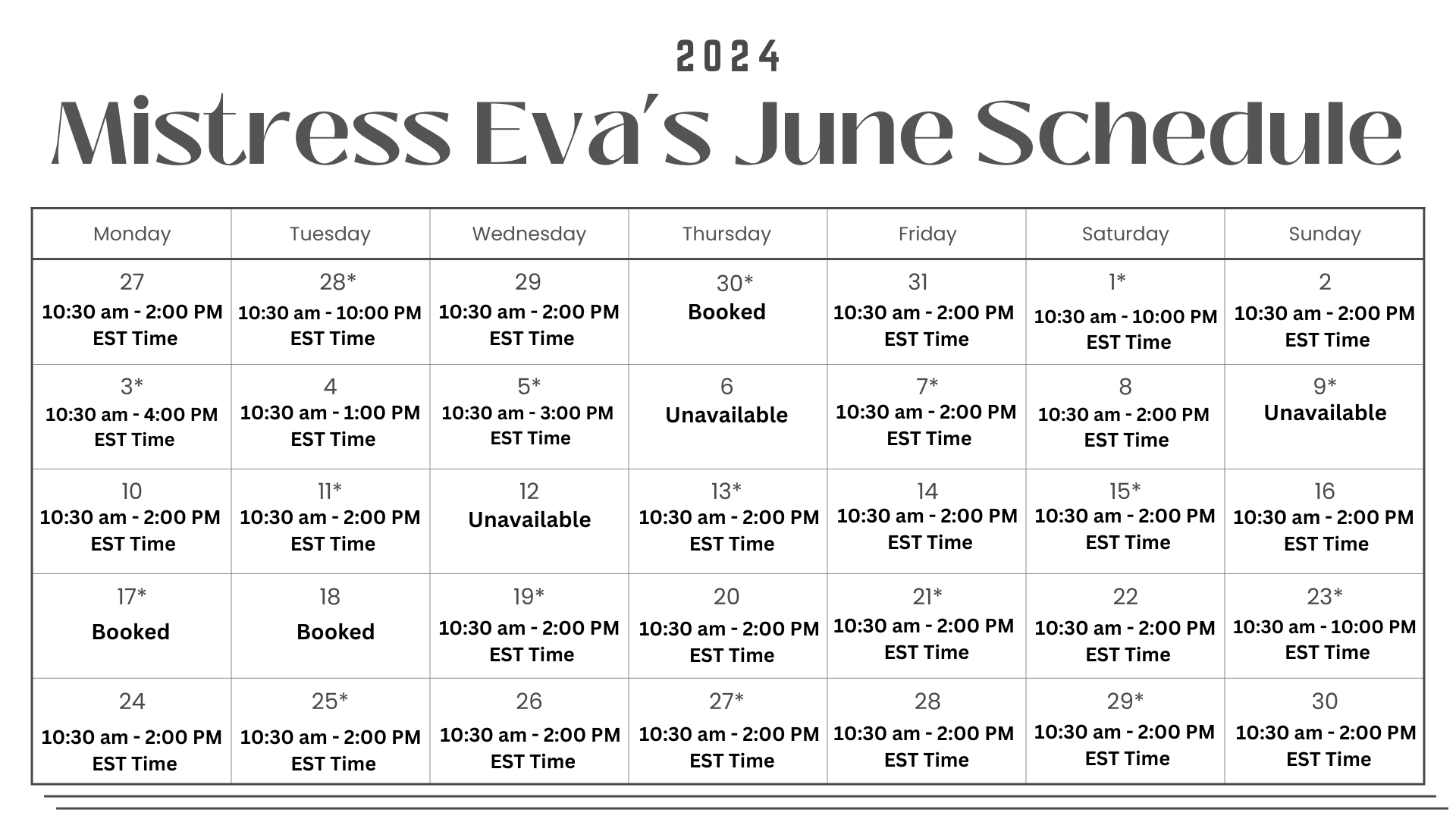 June Roster June Schedule Updated. โ Mistress Eva Lordes